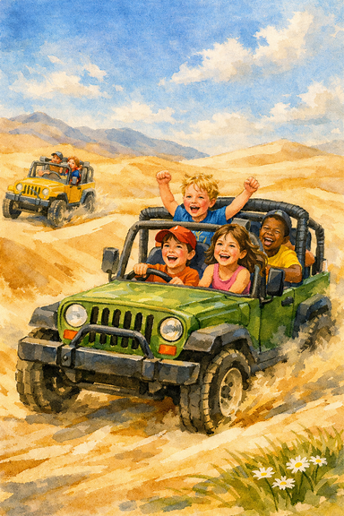 Children riding in four-by-fours on sand dunes, smiling and laughing