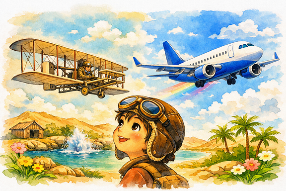 Boy wearing old-time pilot hat looking up at first airplane and modern airplane in colorful watercolor
