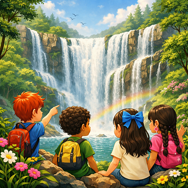 Beautiful waterfall with children looking at it