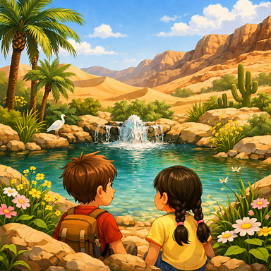 Desert spring scene with two children looking at the spring